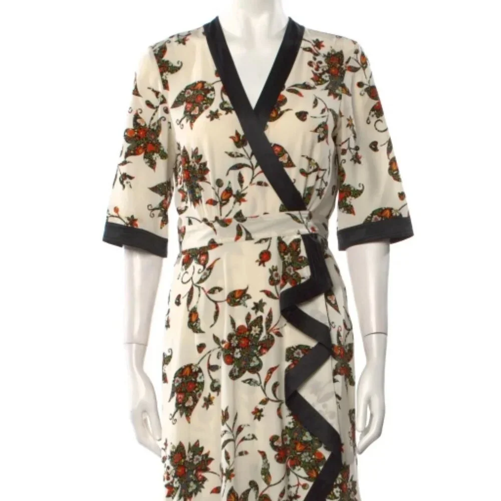 NWOT Tory Burch New Ivory Sacred Floral Silk Printed Wrap Dress XS $798
